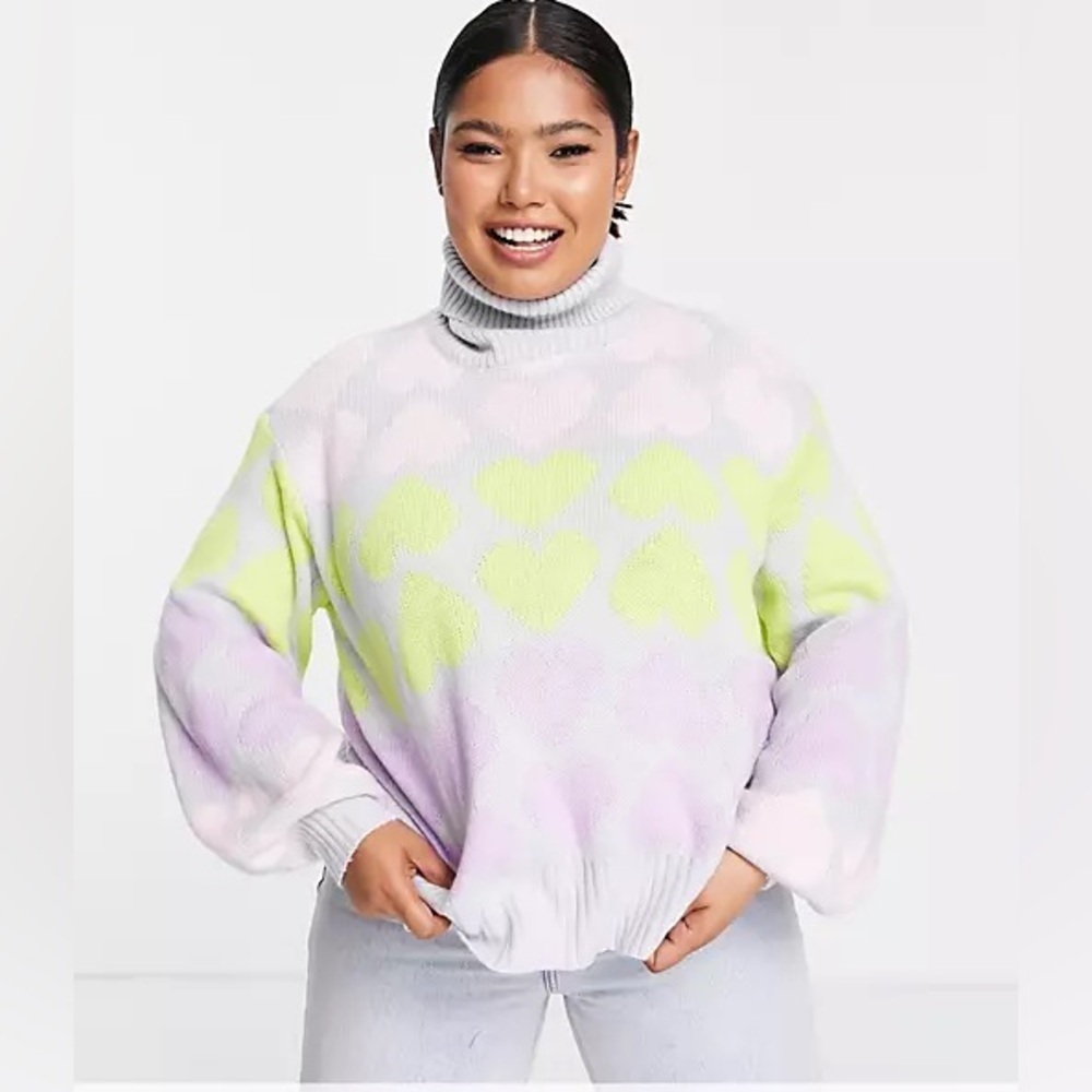 Wednesday Girl High Neck Sweater In Pastel Heart Knit NWT